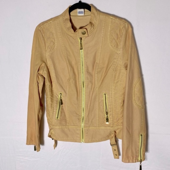 Vintage Roosevelt American College Dyed Yellow Distressed Faux Leather Jacket M - Picture 1 of 16
